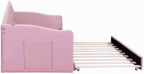 Upholstered Twin Daybed with Trundle, USB Ports Pink Velvet - Image 5