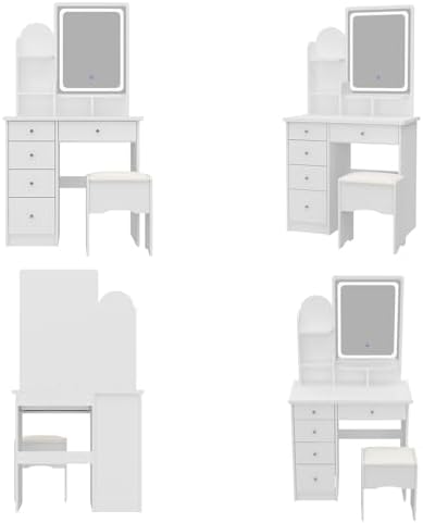 Vanity with Chair, Dressing Table with Lighted Rectangular Mirror, 5 Drawers - Image 7