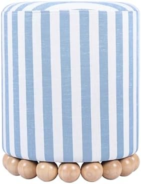 TOV Furniture Dex Small Round Ottoman Footstool, Striped Linen, Pastel Blue - Image 3