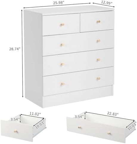 Karl home White 5-Drawer Dresser, Rose Gold Handles, Modern Bedroom Chest - Image 3