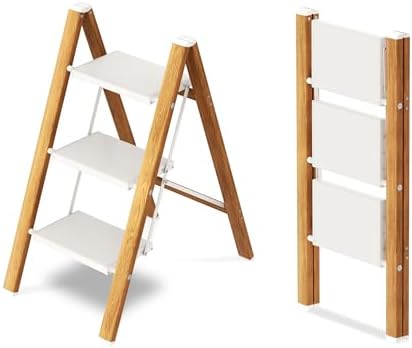 Taranta 3 Step Stool Foldable, Aluminum Step Ladder-WhiteWoodgrain by TARANTA