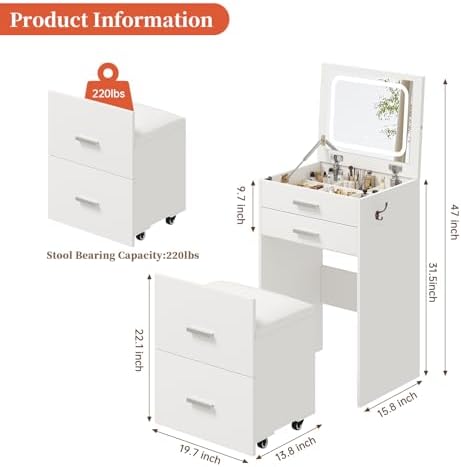3 in 1 Vanity Desk with Flip Top Mirror, Compact Vanity - Image 5