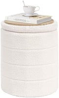 Compact Round Folding Storage Ottoman, Cream White Boucle Footstool by PINPLUS