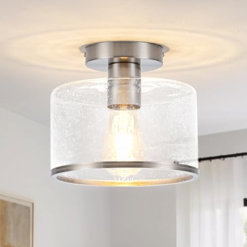 Modern Flush Mount Ceiling Light, Seeded Glass Ceiling Light Fixture, Nickel - Image 2