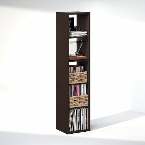Furinno Cubicle Record Player Stand, 5-Cube Record Storage, Dark Oak - Image 4
