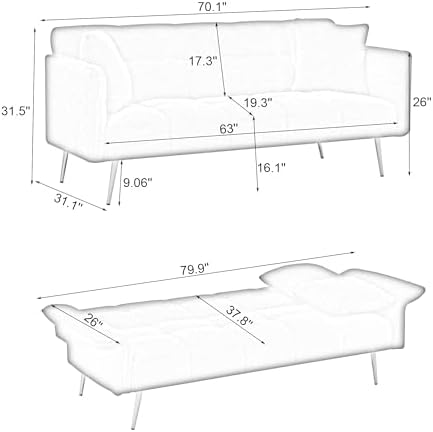 70.1" Teddy Futon Sofa Bed, Convertible Loveseat Couches - Image 2