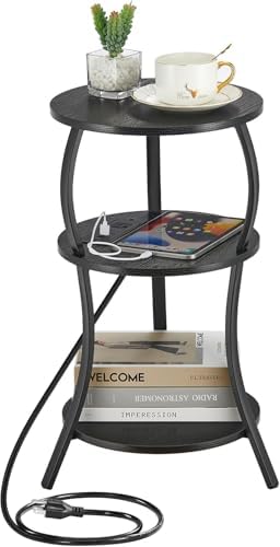 YEAKOO Small Side Table with Charging Station, 3-Tier Round end Table by YEAKOO
