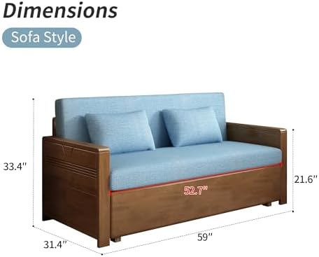 59" Blue 3-in-1 Convertible Sofa Sleeper w/ Reversible Chaise, Solid Woods - Image 2