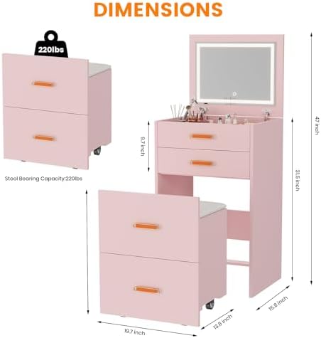 Small Makeup Vanity Desk with Mirror and Lights, 3-in-1 Compact Vanity Set - Image 2