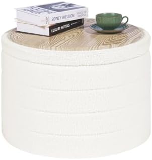 Large Round Folding Storage Ottoman, Cream Boucle Footstool by PINPLUS