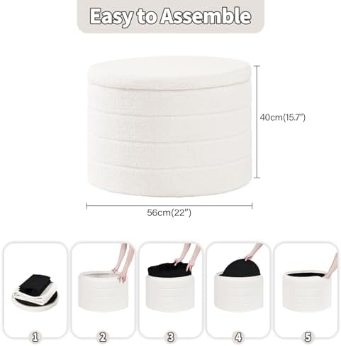 Large Round Folding Storage Ottoman, Cream Boucle Footstool - Image 3