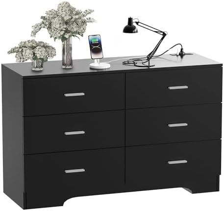 FJTJBSI Dresser with Power Outlets Wooden 6 Drawer Dresser with USB and Type C by FJTJBSI