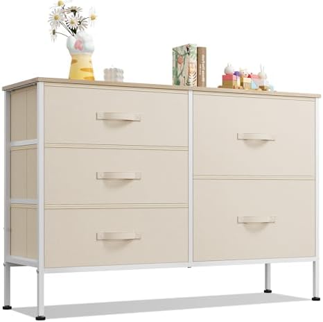 WLIVE 5 Drawer Fabric Dresser for Bedroom, Wide Storage Chest by WLIVE