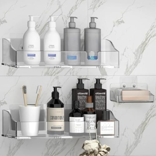 Clear Acrylic Shower Shelves, Adhesive Bathroom Caddy Organizer by YAWSOUP
