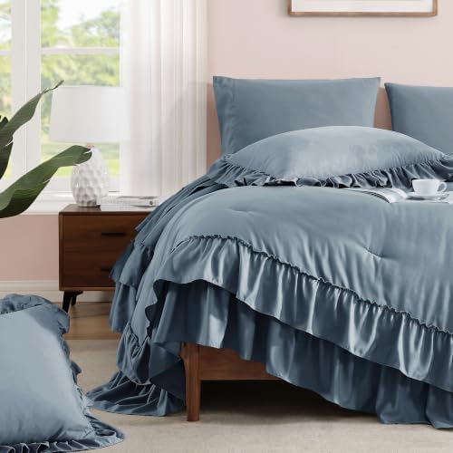 Full Size Comforter Set Flint Blue Ruffle 7 Pieces Bed in a Bag - Image 5