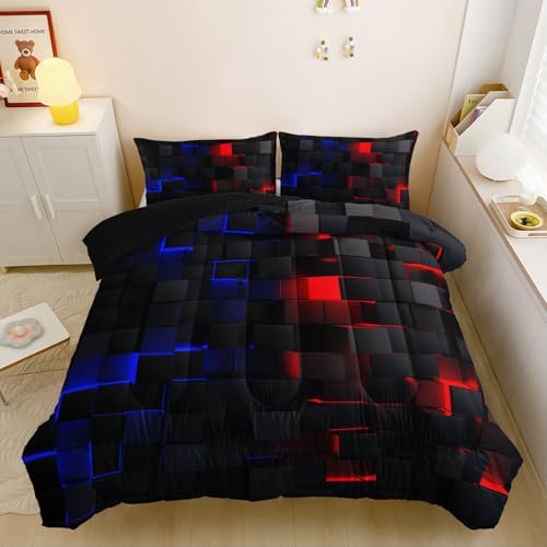 Neon Red and Blue Comforter Set Queen Geometric Kids Bedding Set - Image 3