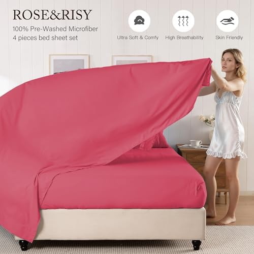 ROSE&RISY Magenta Queen Sheet Set, Pre-Washed Cotton-Like Brushed Microfiber - Image 6