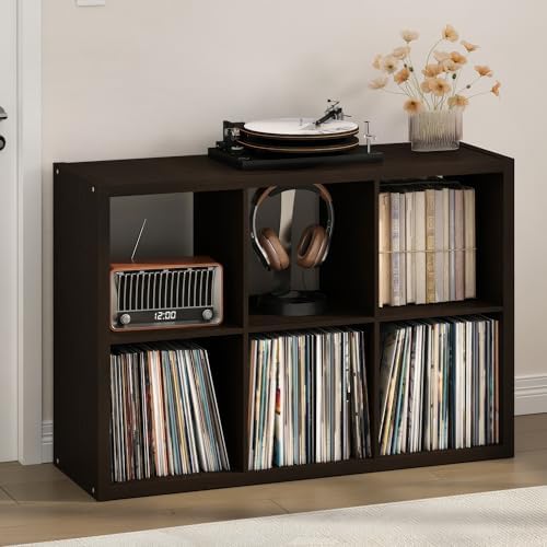 Furinno Cubicle Record Player Stand, 6-Cube Record Storage, Dark Oak by Furinno-FitsYourSpaceFitsYourBudget