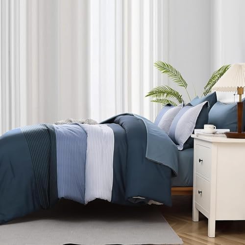 WONGS BEDDING Navy Blue Comforter Set Full, Reversible Blue Stripe Patchwork - Image 4