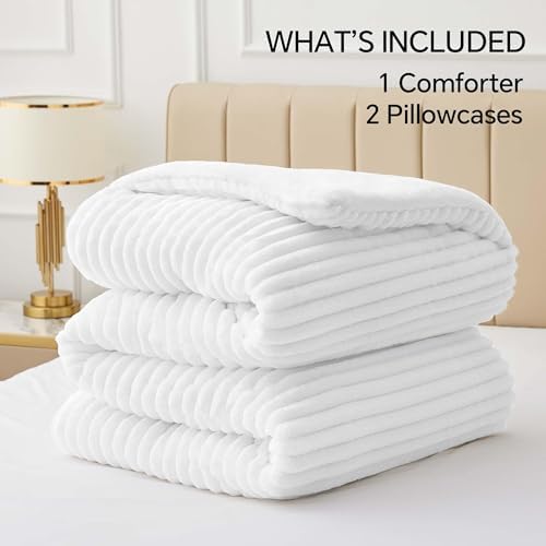 BEDELITE Fleece California King Comforter Set, Fluffy Bed Set, Bright White - Image 6