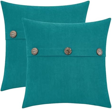 HWY 50 Teal Chenille Throw Pillow Covers 16x16 Inch Buttons Pack of 2 by HWY50