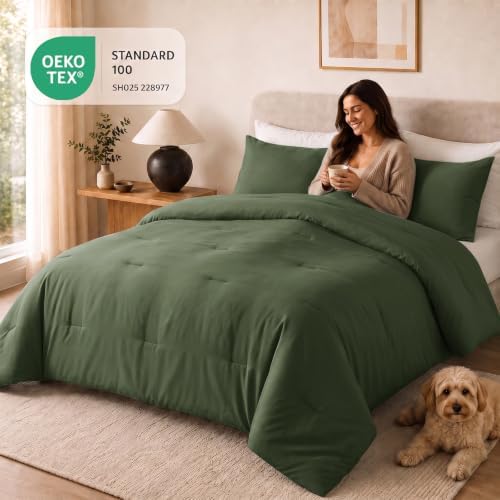CozyLux Oversized King Comforter Set, 3 Pieces Olive Green Quilted Bedding - Image 5