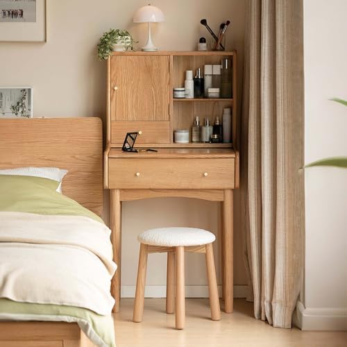 Small Vanity Desk with Mirror, Solid Wood Dressing Table, Movable Drawer Divider by Wayshome
