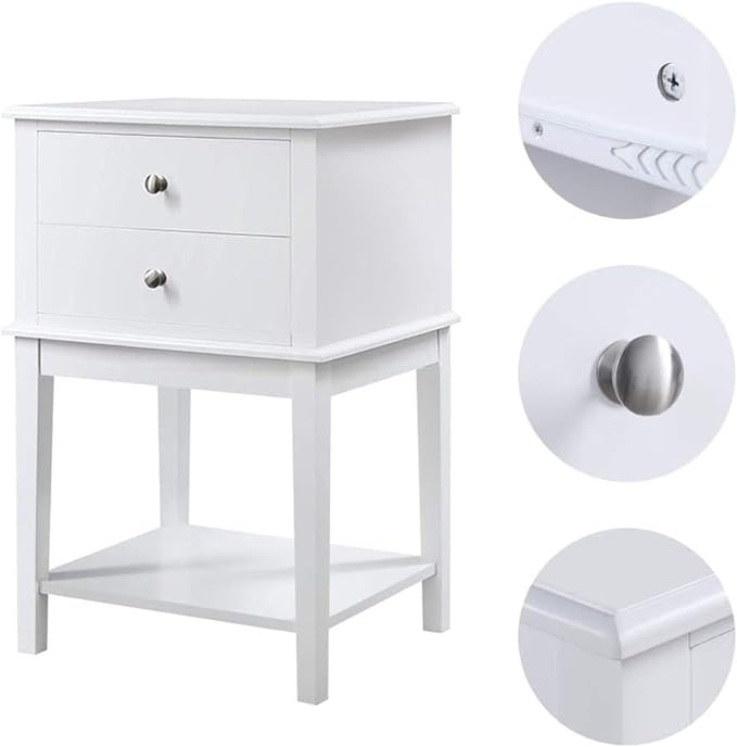 conifferism White Nightstand 2 Drawers and Storage Shelf, 28" High Bedroom Night Stand, Contemporary Modern Bed Side Table, Living Room Country Cottage 19" Wide End Table Metal Sliders