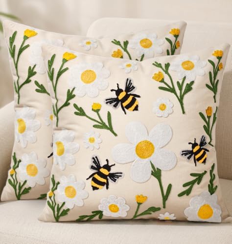 Embroidered Throw Pillow Covers 18x18 Inch, Flower Bee by Kokaaee