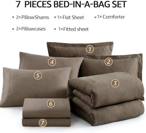 Monbix Full Size Comforter Set 7 Pieces Taupe Grey Bed in a Bag - Image 7