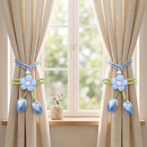 Floral Curtain Tiebacks, 4 Pack Adjustable Curtain Holdbacks, Dusty Blue - Image 4
