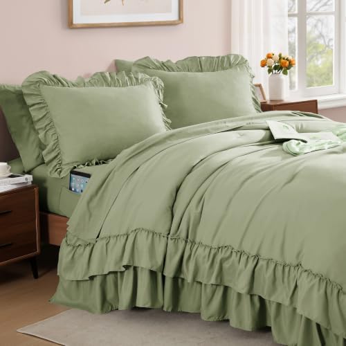 Queen Comforter Set Light Green Ruffle 7 Pieces Farmhouse Bed in a Bag - Image 3