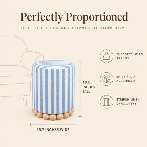 TOV Furniture Dex Small Round Ottoman Footstool, Striped Linen, Pastel Blue - Image 2