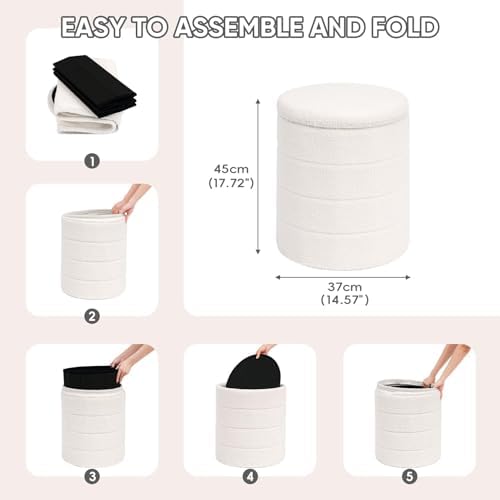 Compact Round Folding Storage Ottoman, Cream White Boucle Footstool - Image 3