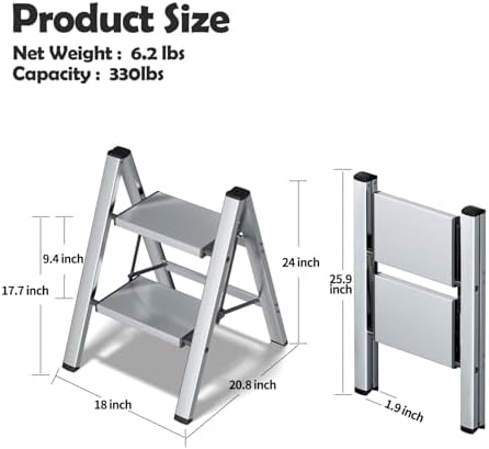 Taranta 2 Step Stool Foldable, Aluminum Step Ladder-Sliver - Image 6