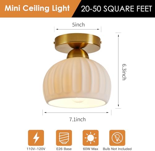 Vintage Gold Semi Flush Mount Hallway Ceiling Light 2 Pack 7.1″ Ceramic - Image 2