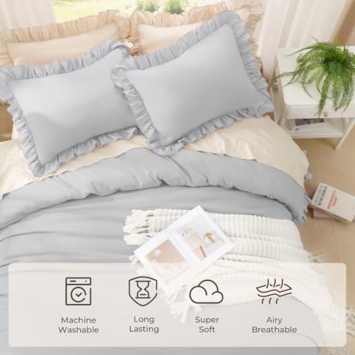 Litanika Queen Comforter Set, 3 Pieces Light Grey Ruffle Bedding Set - Image 5