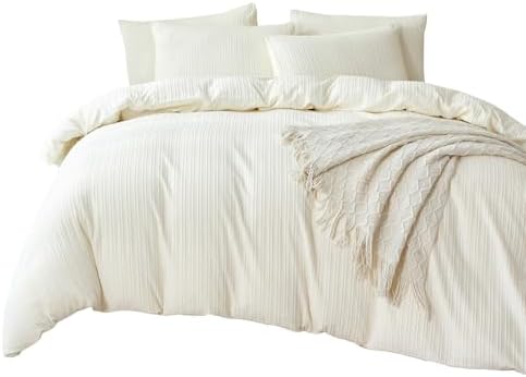 Queen Comforter Set Striped Beige 100% Soft Washed Microfiber Jacquard 3 Pieces - Image 3