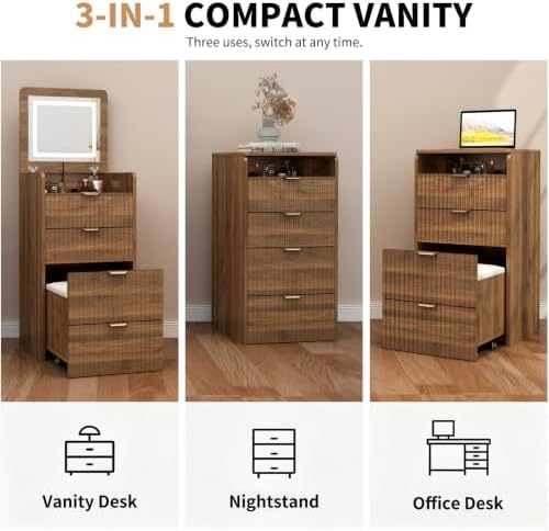 3 in 1 Vanity Desk with Flip Top Mirror and Lights, Compact Vanity with 3 - Image 3