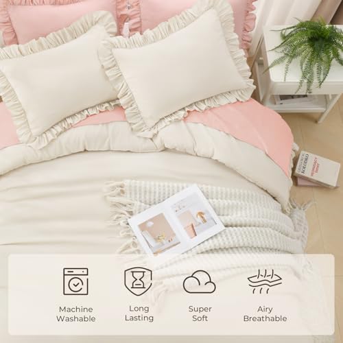 Litanika Queen Comforter Set, 3 Pieces Beige Ruffle Bedding Set - Image 5