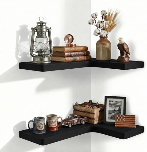 24 Inch Solid Wood Floating Corner Shelves, 2 Pack, Matte Black by Unknown