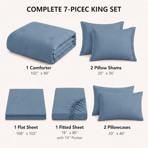 HIMEET King Comforter Set, 7-Piece Point-Quilted Bed in a Bag, Dusty Blue - Image 2