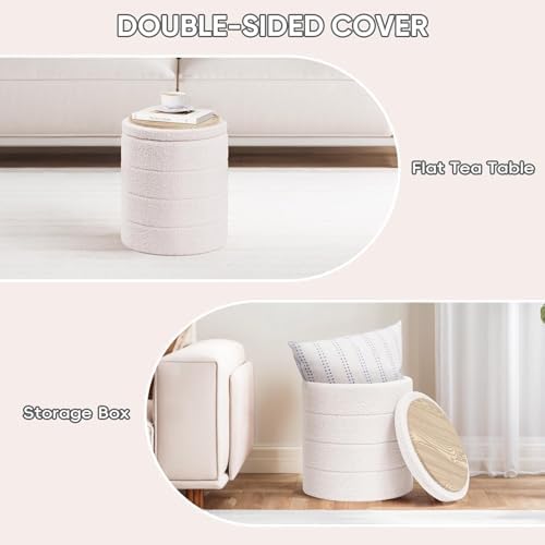 Compact Round Folding Storage Ottoman, Cream White Boucle Footstool - Image 6