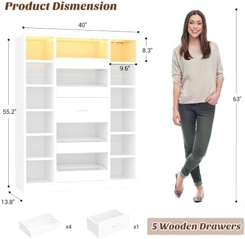Besiost 40" Closet System with Lights, Wood Closet Organizer with 5 Drawers - Image 7
