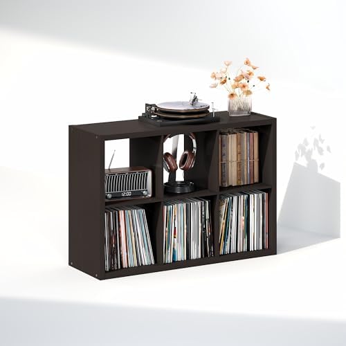 Furinno Cubicle Record Player Stand, 6-Cube Record Storage, Dark Oak - Image 4