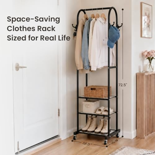 Cesun Small Clothes Rack with 3-Tier Mesh Shelves & 8 Hooks - Image 3