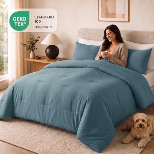CozyLux Full Comforter Set, 3 Pieces Down Alternative Bedding, Mineral Blue - Image 5