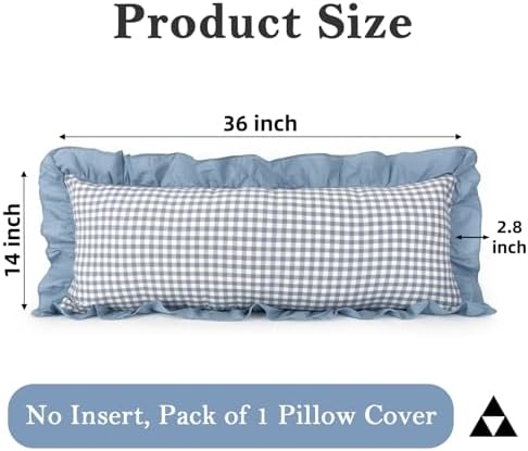 JoraLion Ruffled 14x36 Pillow Cover Gingham Smoke Blue Solid Edge - Image 4