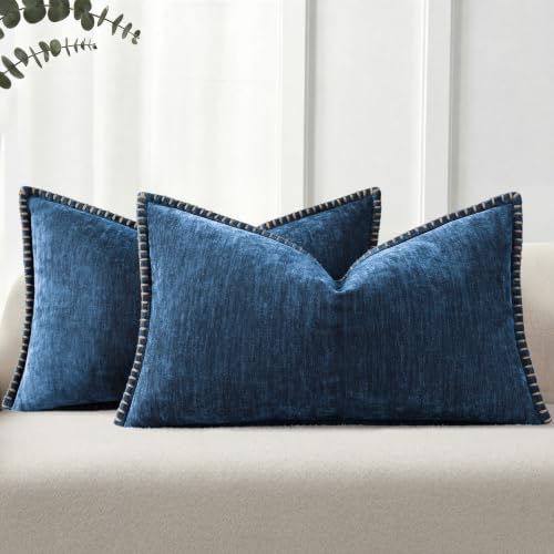 Pallene Chenille Soft Navy Blue Throw Pillow Cover 12x20 Set of 2 by PALLENE