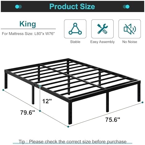 King Size Bed Frame, 12 Inch Heavy Duty King Platform Bed Frame - Image 2